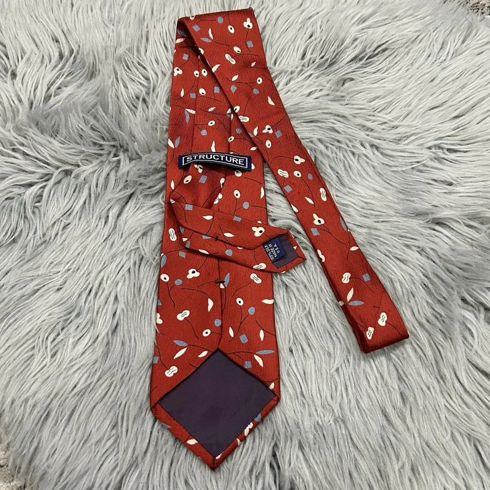 Vintage Structure Red Mens Floral Neck Tie‎ 100% Silk Made In USA